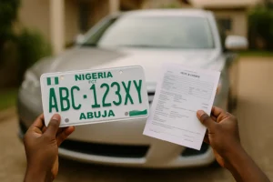 auto con placas y documentos en mano