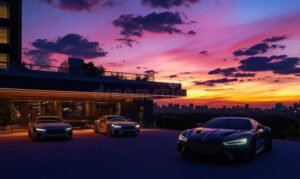 autos modernos en ciudad al atardecer