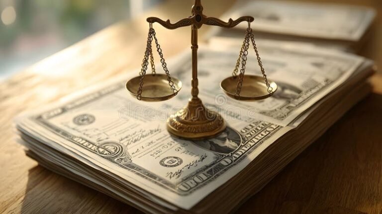 balanza justicia y documentos financieros apilados