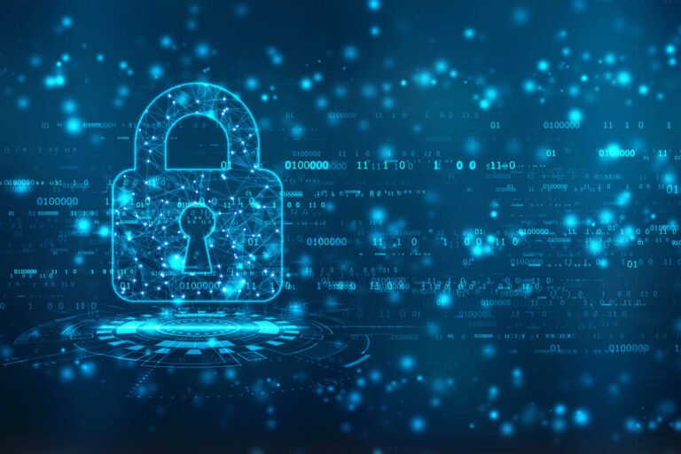 candado digital sobre fondo de datos binarios