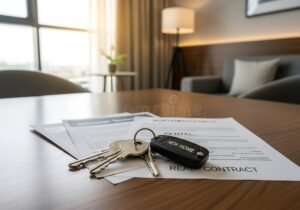 contrato de alquiler firmado y llaves sobre mesa