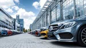 fila de autos populares en ciudad moderna