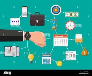 maletin con dinero y reloj de calendario