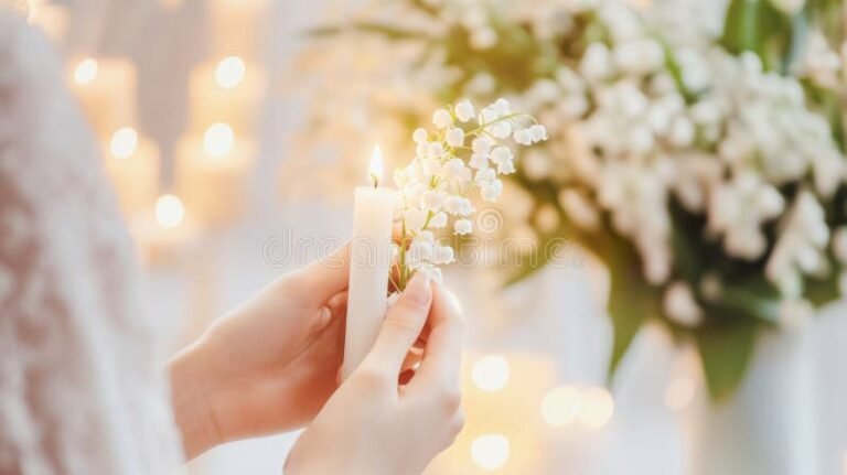 manos sosteniendo vela y flores blancas