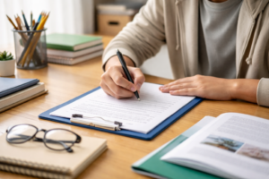 persona escribiendo carta en escritorio ordenado