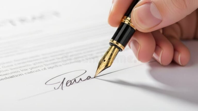 persona firmando contrato con pluma elegante