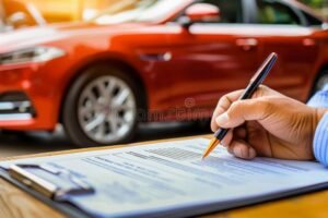 persona firmando contrato de compraventa auto