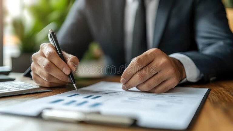 persona revisando documentos financieros en escritorio