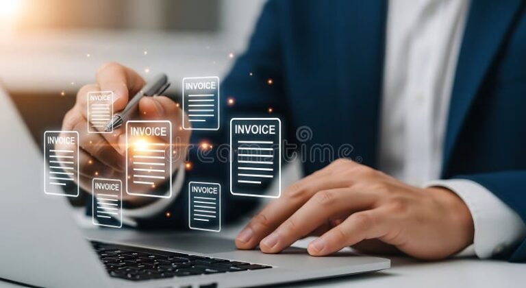 persona revisando documentos y factura electronica