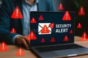 persona usando computadora con simbolo alerta financiera