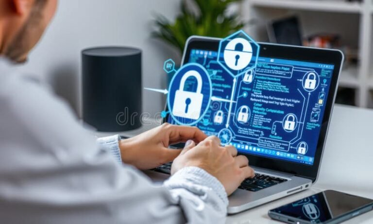 persona usando laptop con seguridad digital